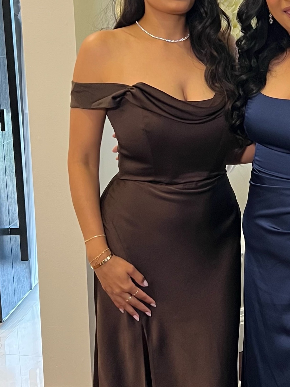 Park & Fifth Chocolate Brown Off-Shoulder Satin Maxi Skirt
